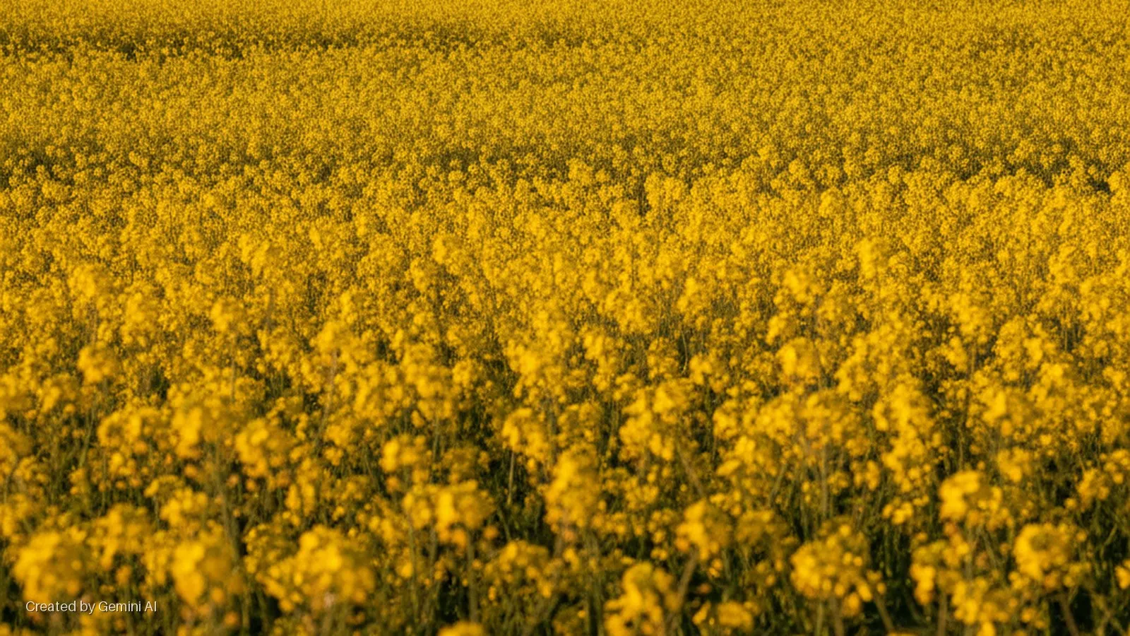 A vibrant field of yellow rapeseed flowers glows under warm, golden hour sunlight.