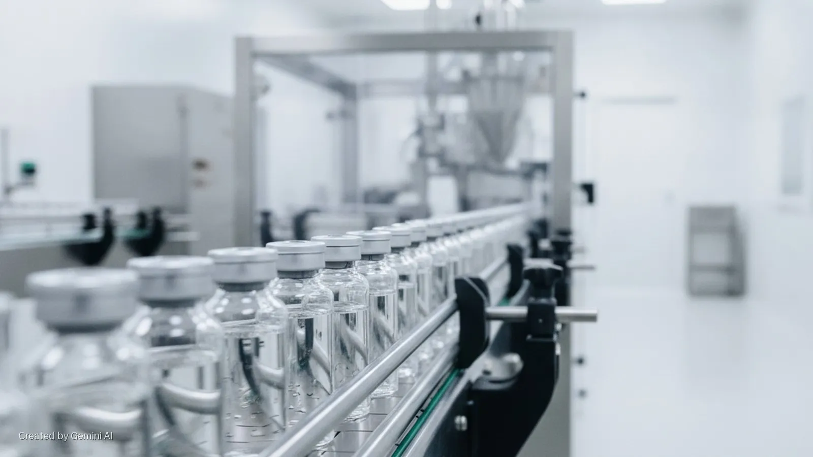 Clear glass vials filled with liquid move along a conveyor belt in a brightly lit, sterile pharmaceutical manufacturing facility.