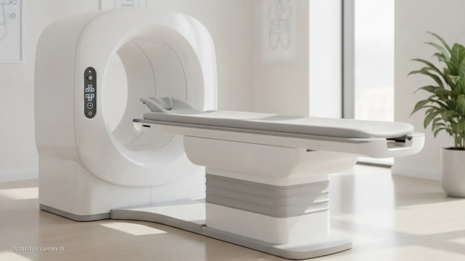 A sleek white medical imaging scanner with an adjustable patient table stands in a brightly lit examination room, accompanied by a potted plant and two faint wall diagrams.