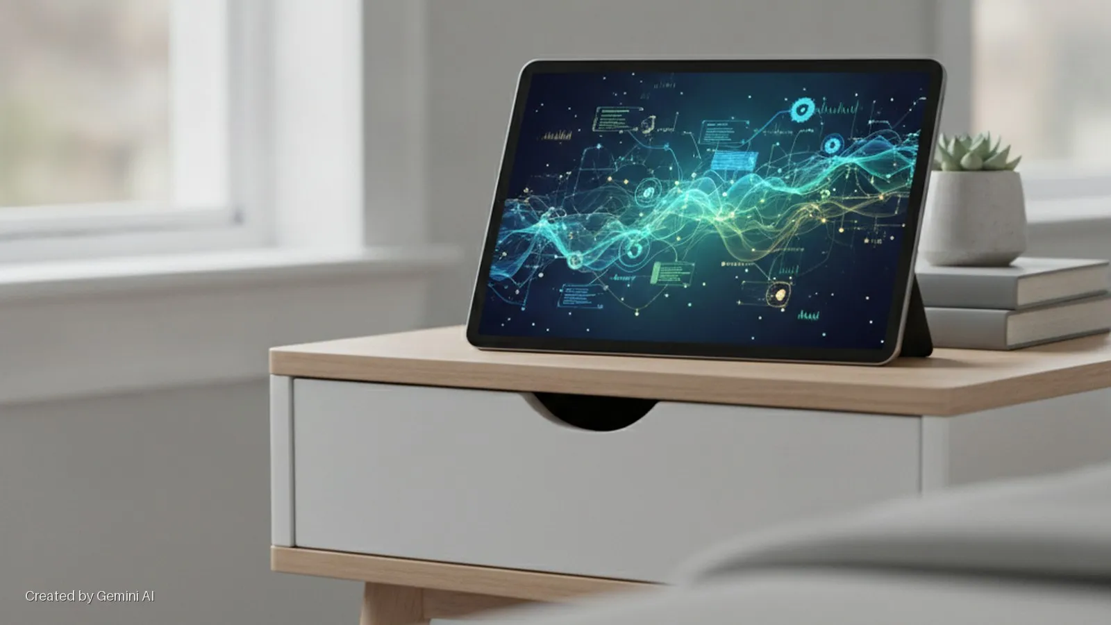 A tablet displaying blue and green wavy lines and data points sits on a wooden nightstand with a drawer, alongside two books and a succulent plant, illuminated by natural light from a window in the background.
