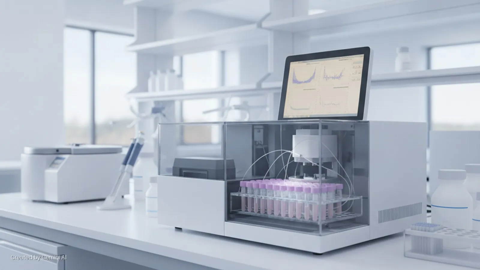 A brightly lit laboratory features an automated instrument with a data display processing test tubes, alongside a centrifuge and pipettes on a white bench with shelves and windows in the background.