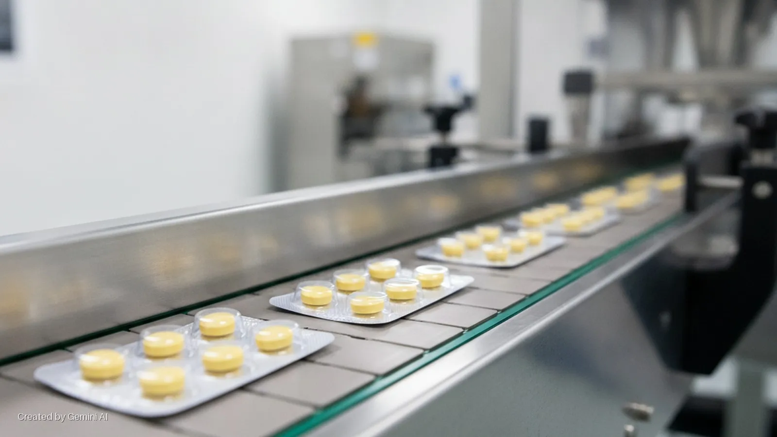 Blister packs containing yellow pills are conveyed on a metal and glass belt in a brightly lit pharmaceutical manufacturing facility with machinery in the background.