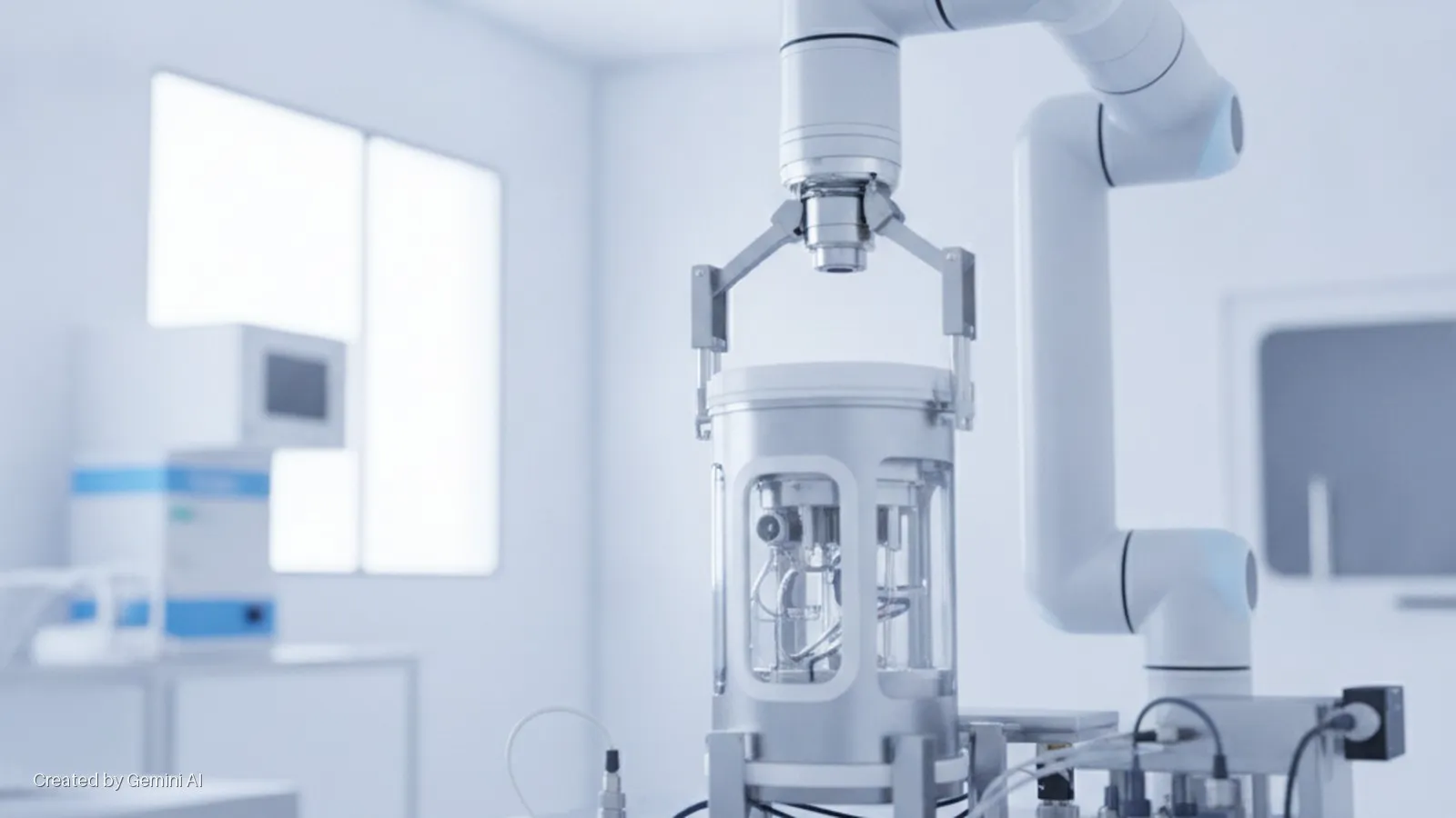 A white robotic arm with a gripper holds a transparent cylindrical vessel containing internal components, centered in a brightly lit, cool-toned laboratory with blurred medical equipment in the background.