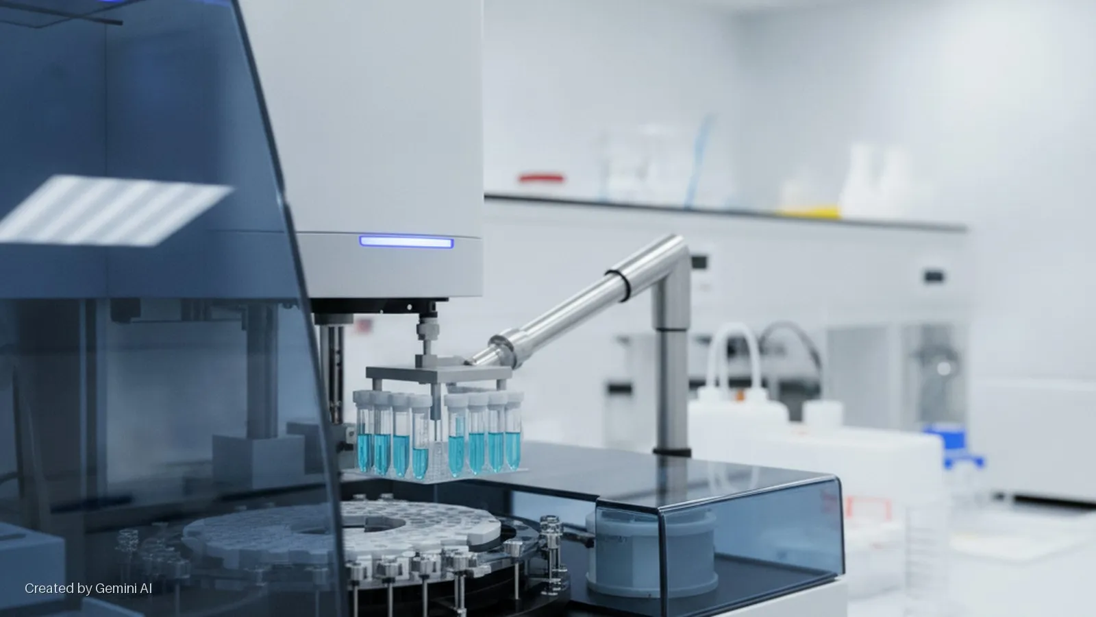 A robotic arm transfers a rack of test tubes containing blue liquid on an automated laboratory machine in a brightly lit scientific lab environment.