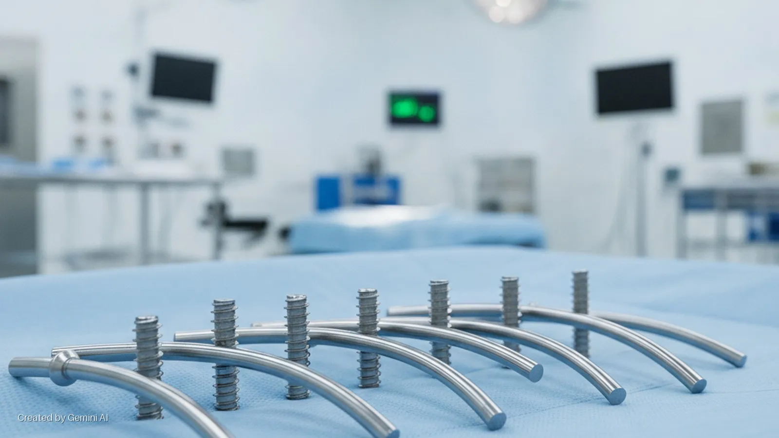 Curved metal rods and threaded posts for surgical implants rest on a blue sterile drape in a brightly lit operating room.