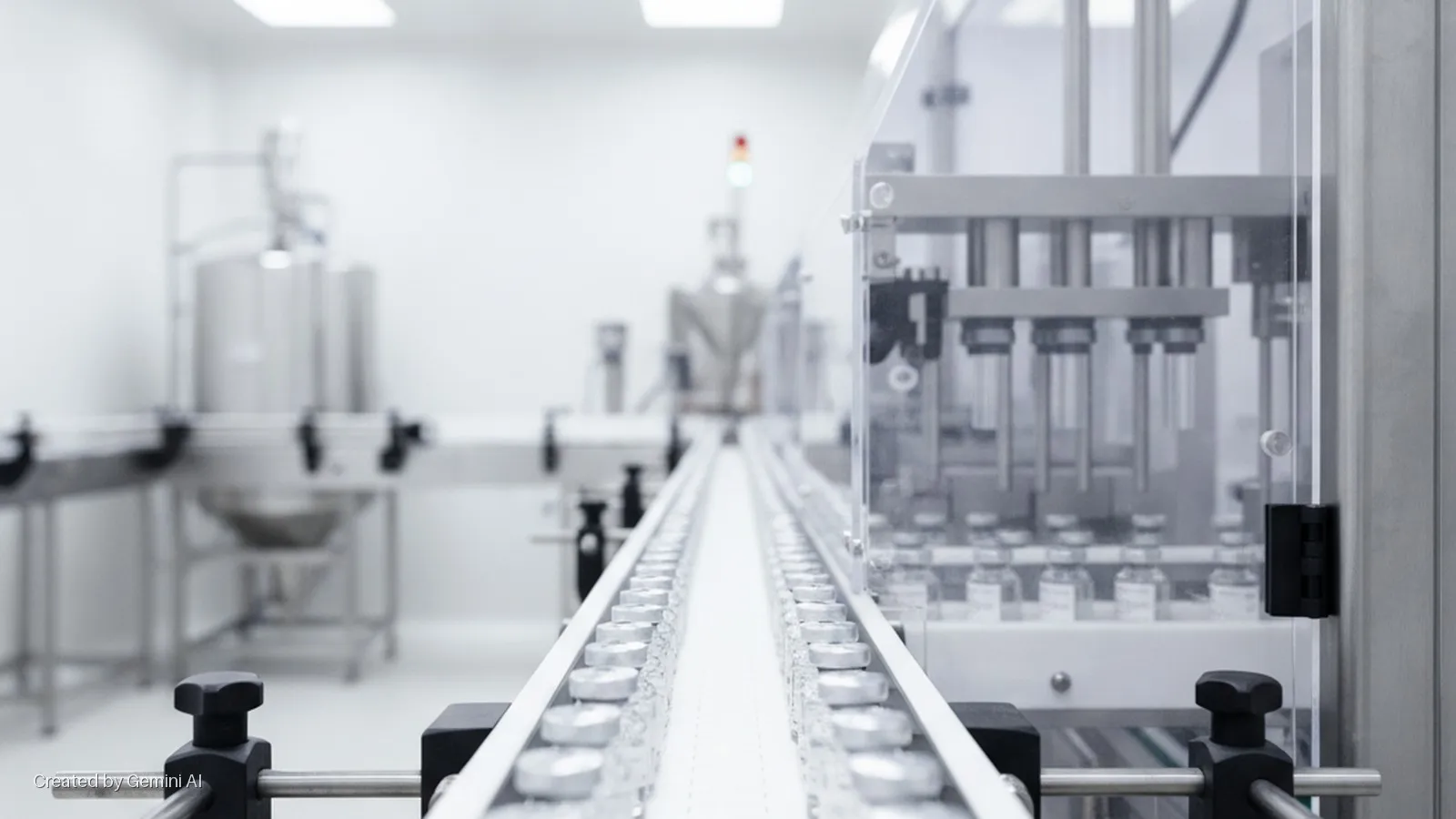Small glass vials move along a conveyor belt in a brightly lit, sterile pharmaceutical production facility with automated machinery.