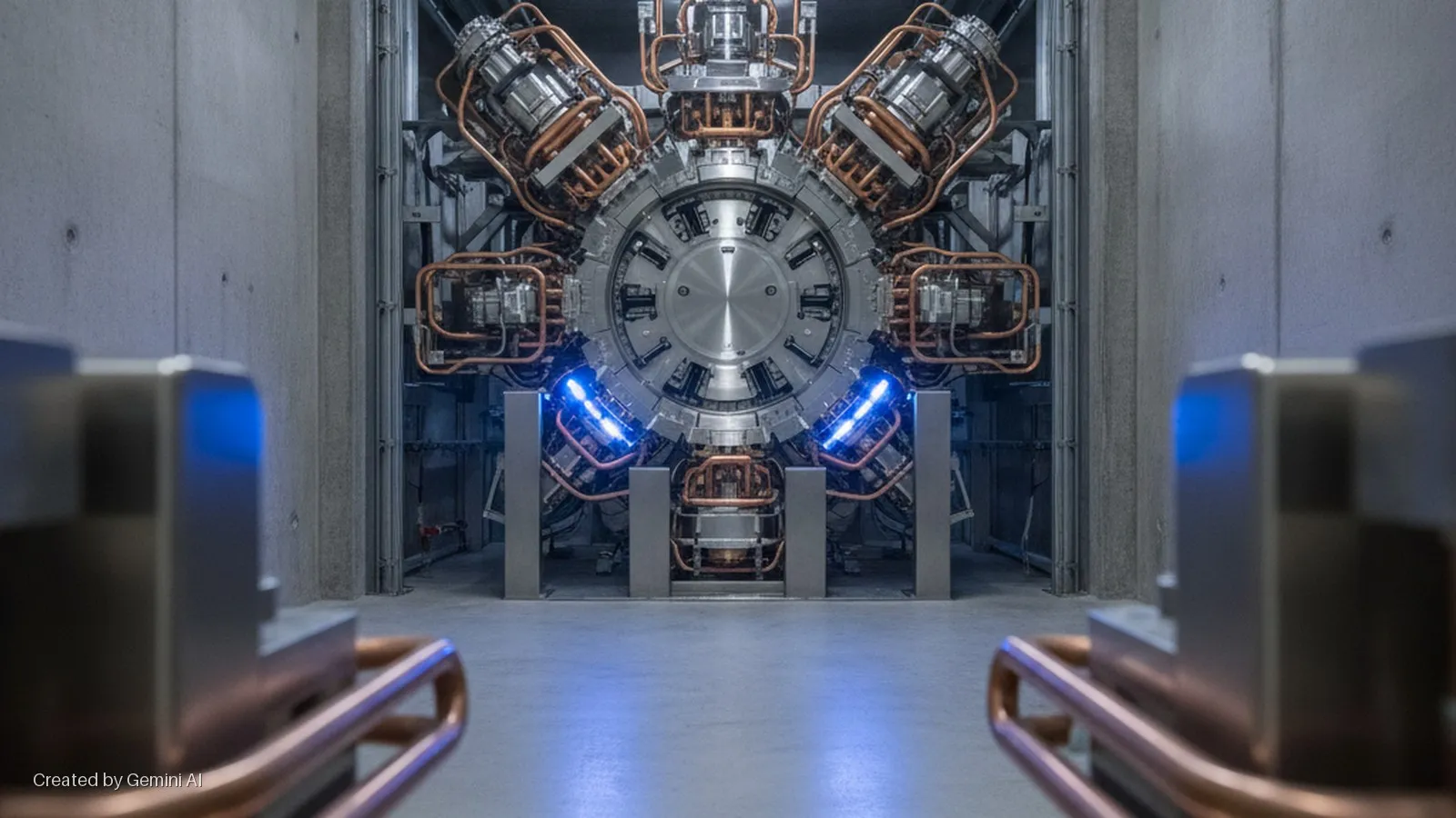 A complex scientific apparatus featuring a central circular brushed metal disc, surrounded by metallic modules connected by copper tubing, glows with blue lights inside a concrete chamber, framed by metallic structures in the blurred foregr