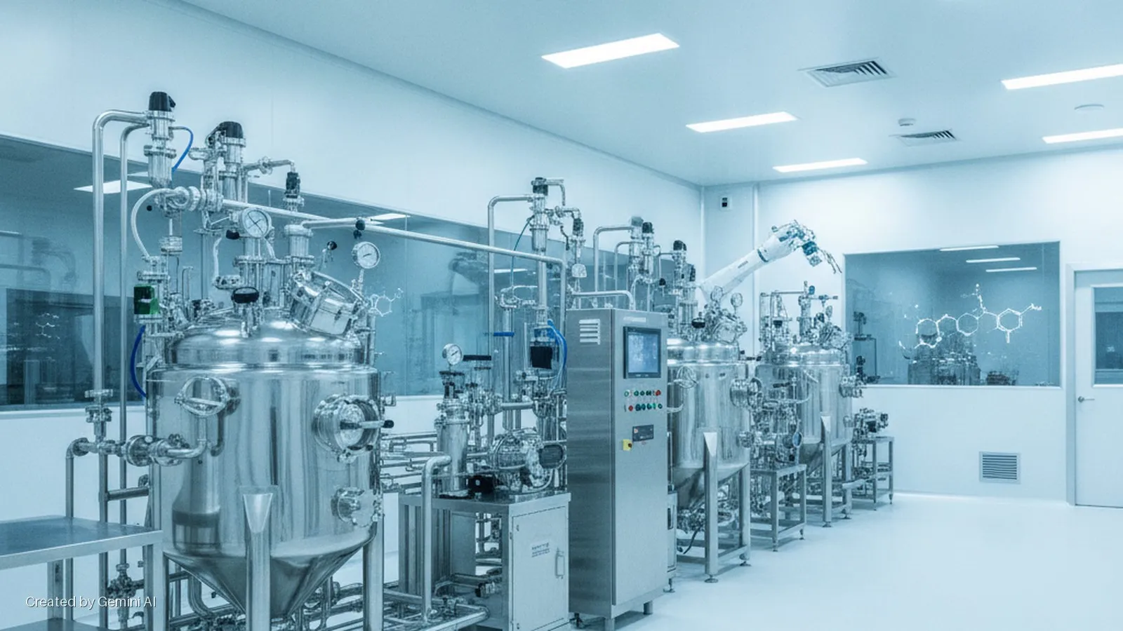 A brightly lit biotechnology cleanroom features several large stainless steel bioreactors, intricate piping, control panels, a robotic arm, and molecular diagrams projected onto a glass partition.