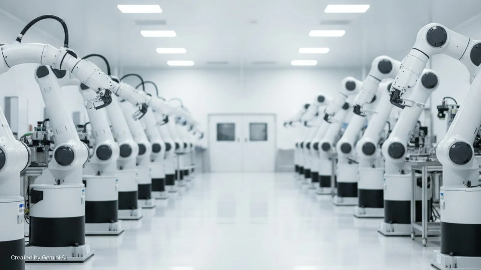 Rows of white industrial robotic arms with black bases line a brightly lit, sterile cleanroom leading to a double door in the background.