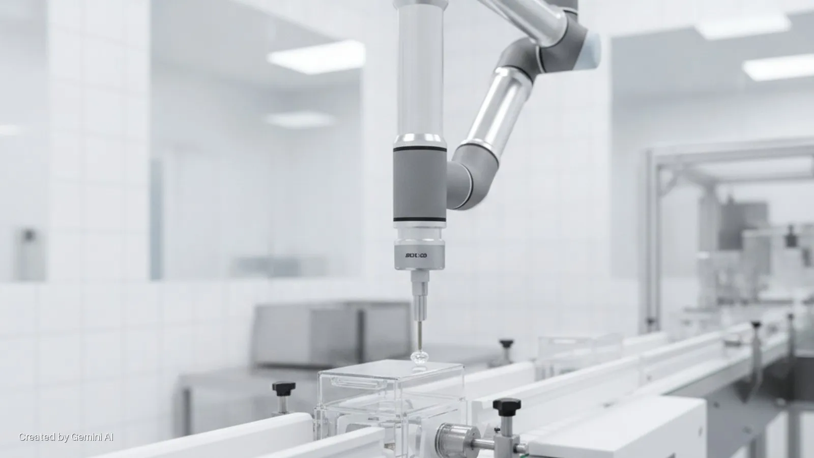 A robotic arm dispenses a liquid droplet onto a clear rectangular container on a conveyor belt in a brightly lit cleanroom.