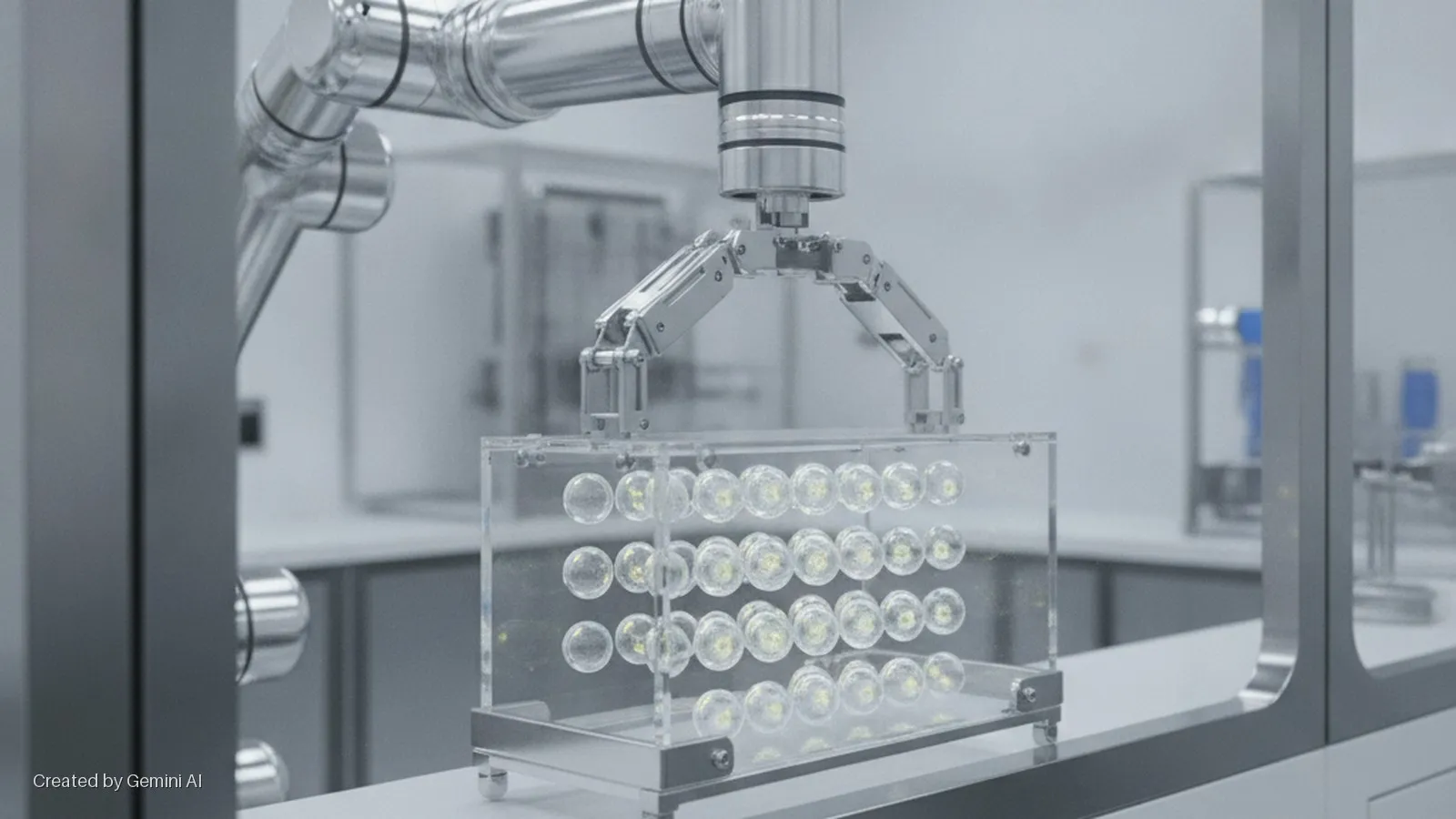 A metallic robot arm with a gripper holds a clear acrylic box containing rows of glowing spherical capsules in a brightly lit laboratory setting.