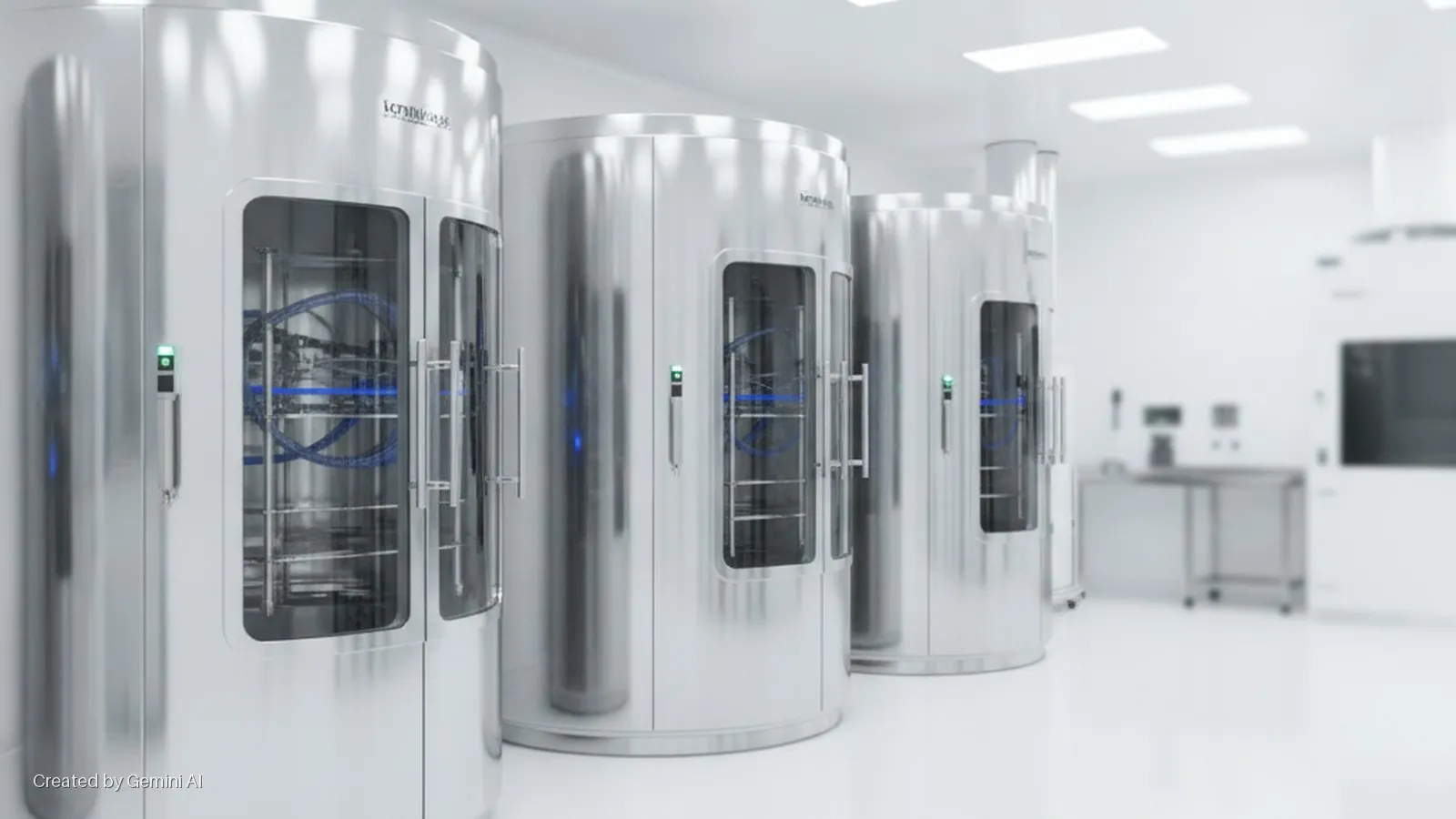 A line of bright, silver cylindrical machines with glass doors and glowing blue interiors stands in a sterile, white clean room with additional lab equipment in the blurred background.