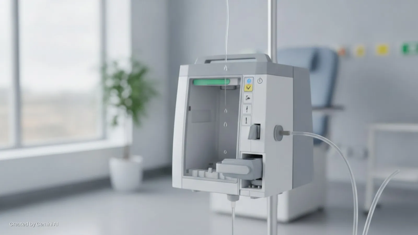 A medical IV pump with clear tubing is mounted on a pole in a bright hospital room, featuring a window, potted plant, and a bed in the background.