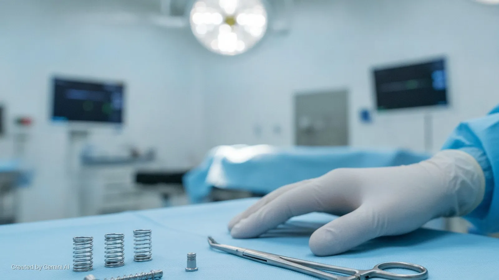 A gloved hand rests on a blue sterile drape beside metal springs, a screw, a small metal component, and surgical forceps, with bright overhead lights and blurred monitors visible in the background of an operating room.