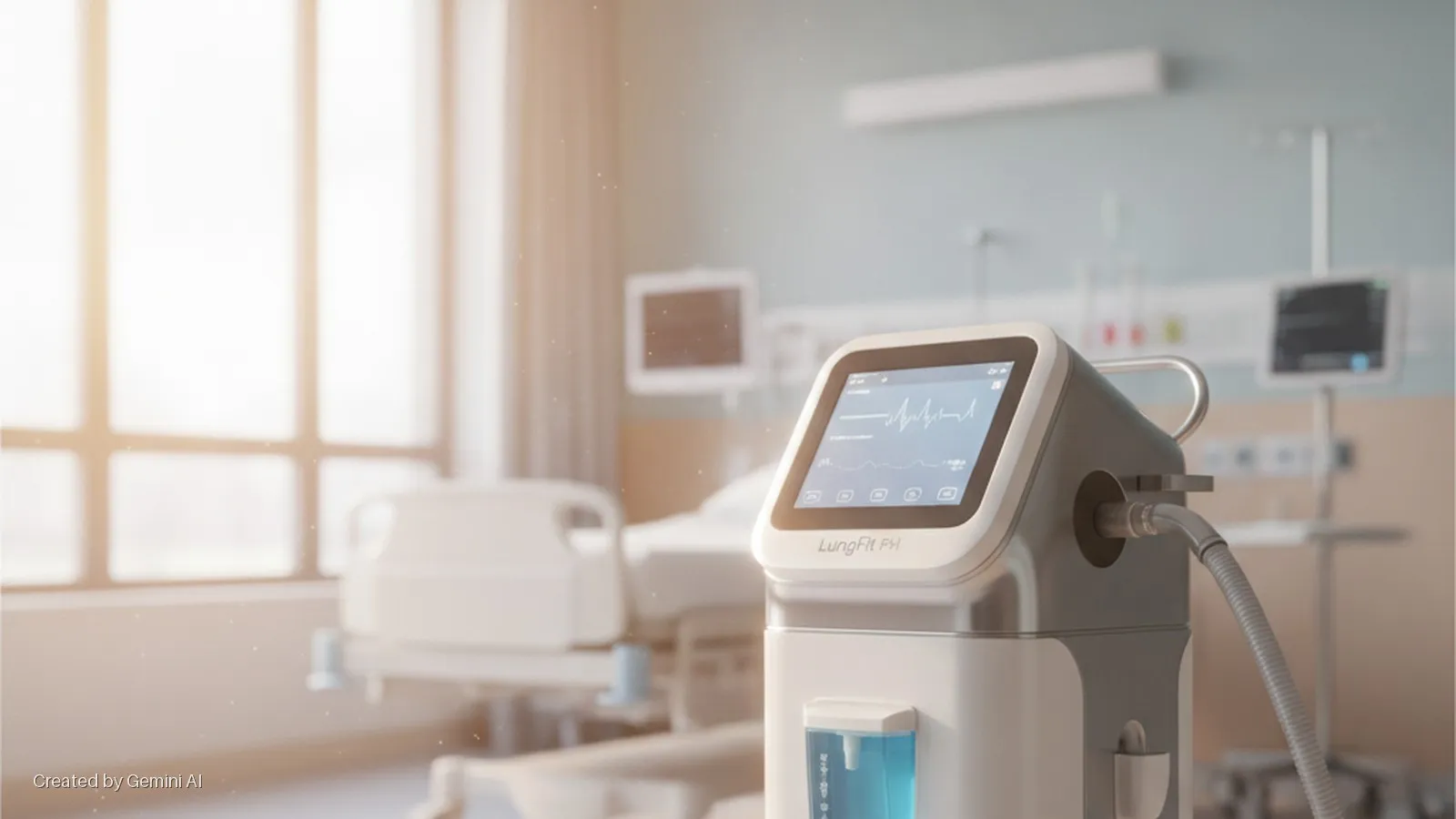 A "LungFit P41" medical device with a screen displaying waveforms and a connected tube stands prominently in a warmly sunlit hospital room, featuring a blurred bed and medical monitors in the background with visible dust motes in the light.