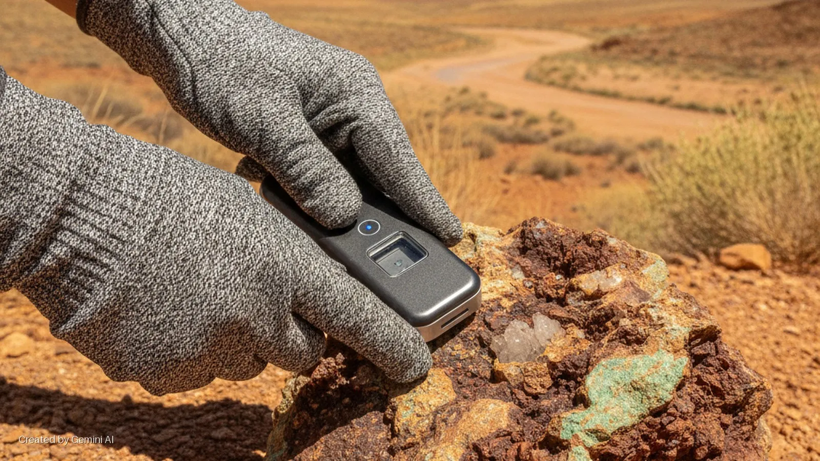 Gloved hands hold a dark handheld device on a reddish-brown rock with white and green minerals, in a sunlit desert landscape featuring a winding dirt road.