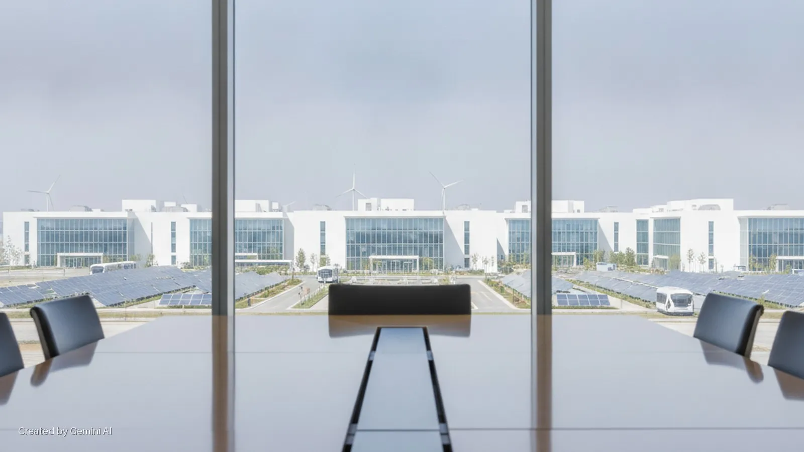 Bright daylight illuminates a conference room foreground with a wooden table and chairs, overlooking a modern white building complex with extensive solar panel arrays and distant wind turbines.