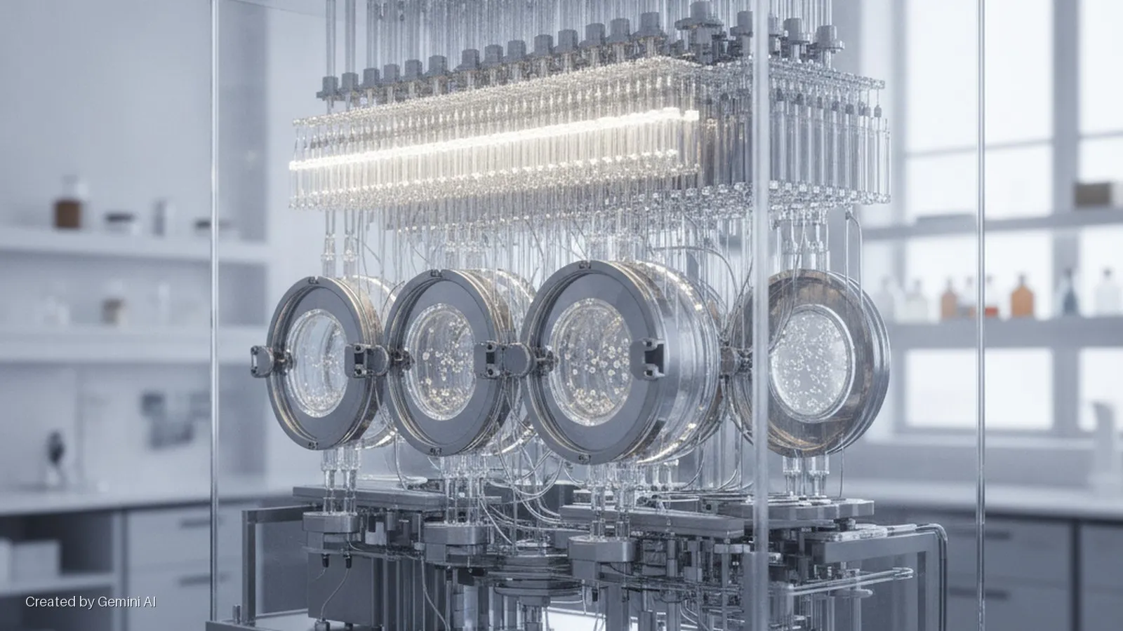 A large scientific apparatus crafted from clear glass and metal, featuring multiple circular reaction chambers filled with a white bubbly suspension, is brightly illuminated by a horizontal light tube in a blurred laboratory setting.