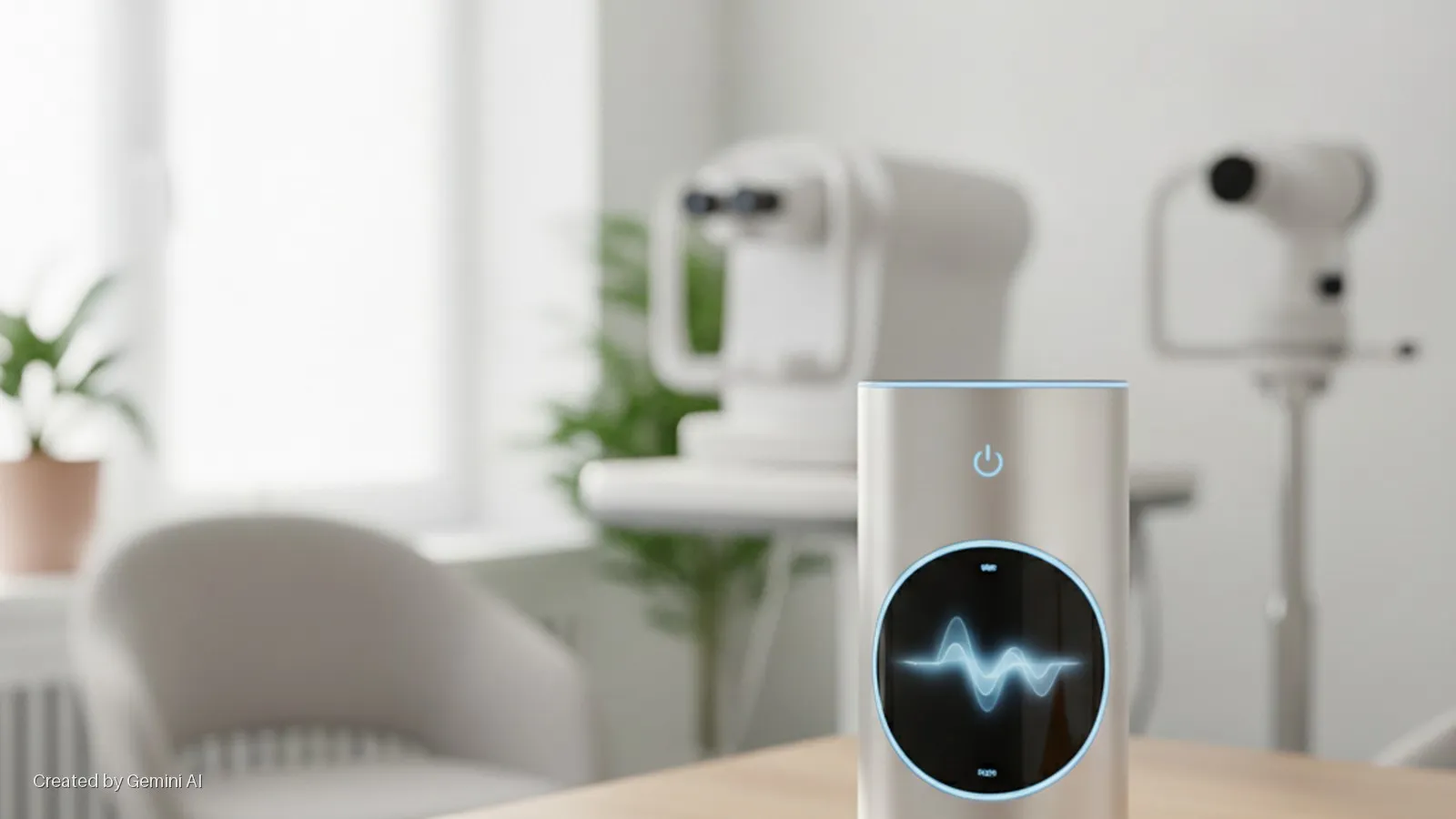 A silver cylindrical device with a glowing blue waveform display and a power button rests on a wooden table in an optometry office, with blurred white eye examination equipment, a chair, a potted plant, and a bright window in the background