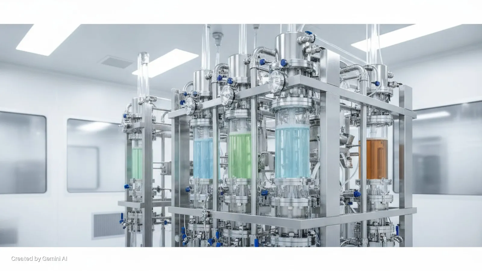 Brightly lit cleanroom featuring stainless steel processing equipment with five clear glass columns filled with light green, light blue, light green, light blue, and amber liquids.