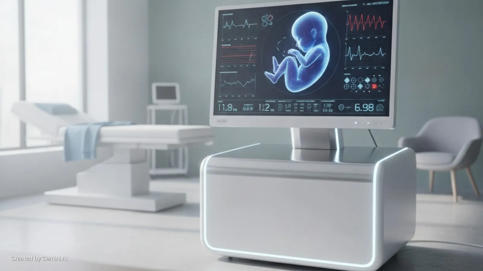 A brightly lit medical examination room, illuminated by natural light from a large window, features a modern monitor on a lit base displaying a 3D rendering of a fetus with vital signs, a white examination table, and a gray chair.