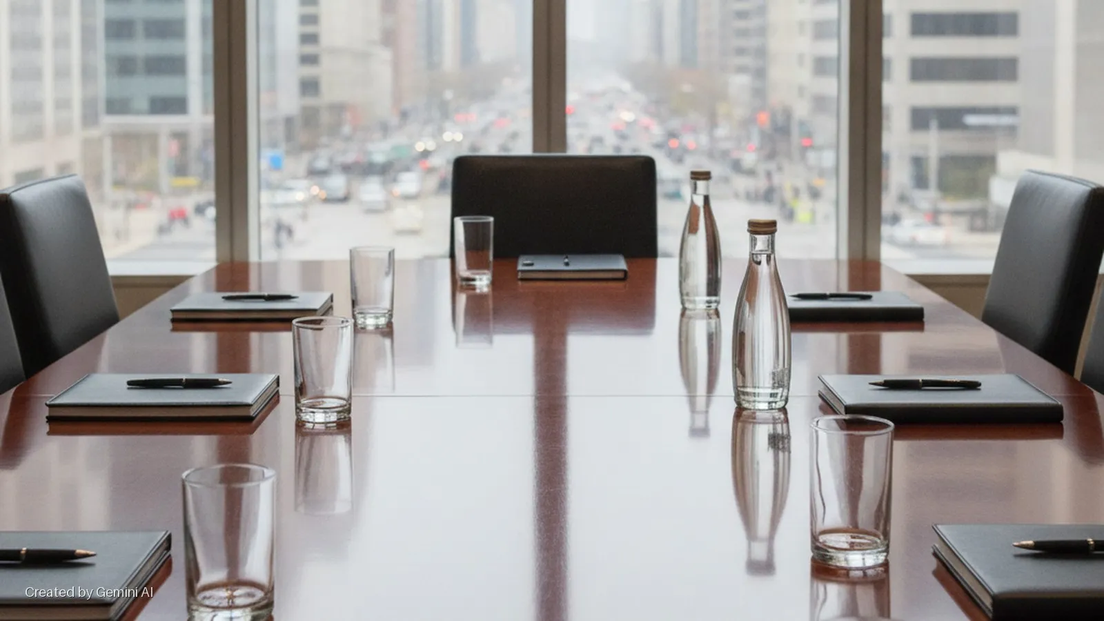 A brightly lit conference room with a polished wooden table surrounded by chairs, set with water bottles, glasses, notebooks, and pens, overlooking a bustling city street through large windows.