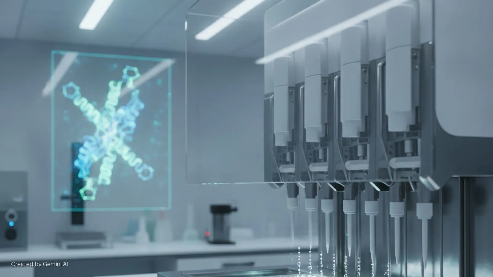 An automated liquid handler dispenses liquid into test tubes under bright, cool-toned laboratory lighting, with a glowing blue molecular structure displayed on a screen in the background.