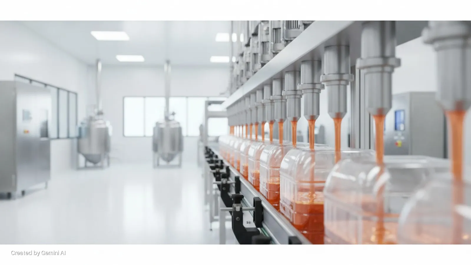 A brightly lit industrial facility shows a conveyor belt with clear bottles being filled with orange liquid by multiple metal nozzles, with large stainless steel tanks in the background.