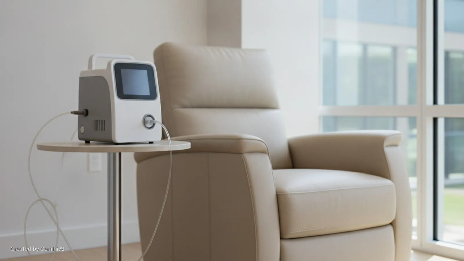 A portable medical device with clear tubing sits on a round table next to a beige leather recliner, brightly lit by natural light from a window with a view of a modern building.
