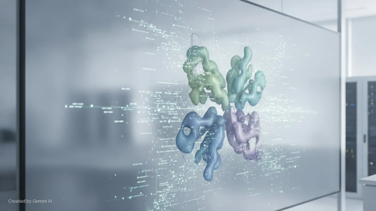 A large digital display screen in a modern laboratory showcases a brightly lit, multi-colored 3D molecular model surrounded by glowing data points and lines, with server racks visible in the background.