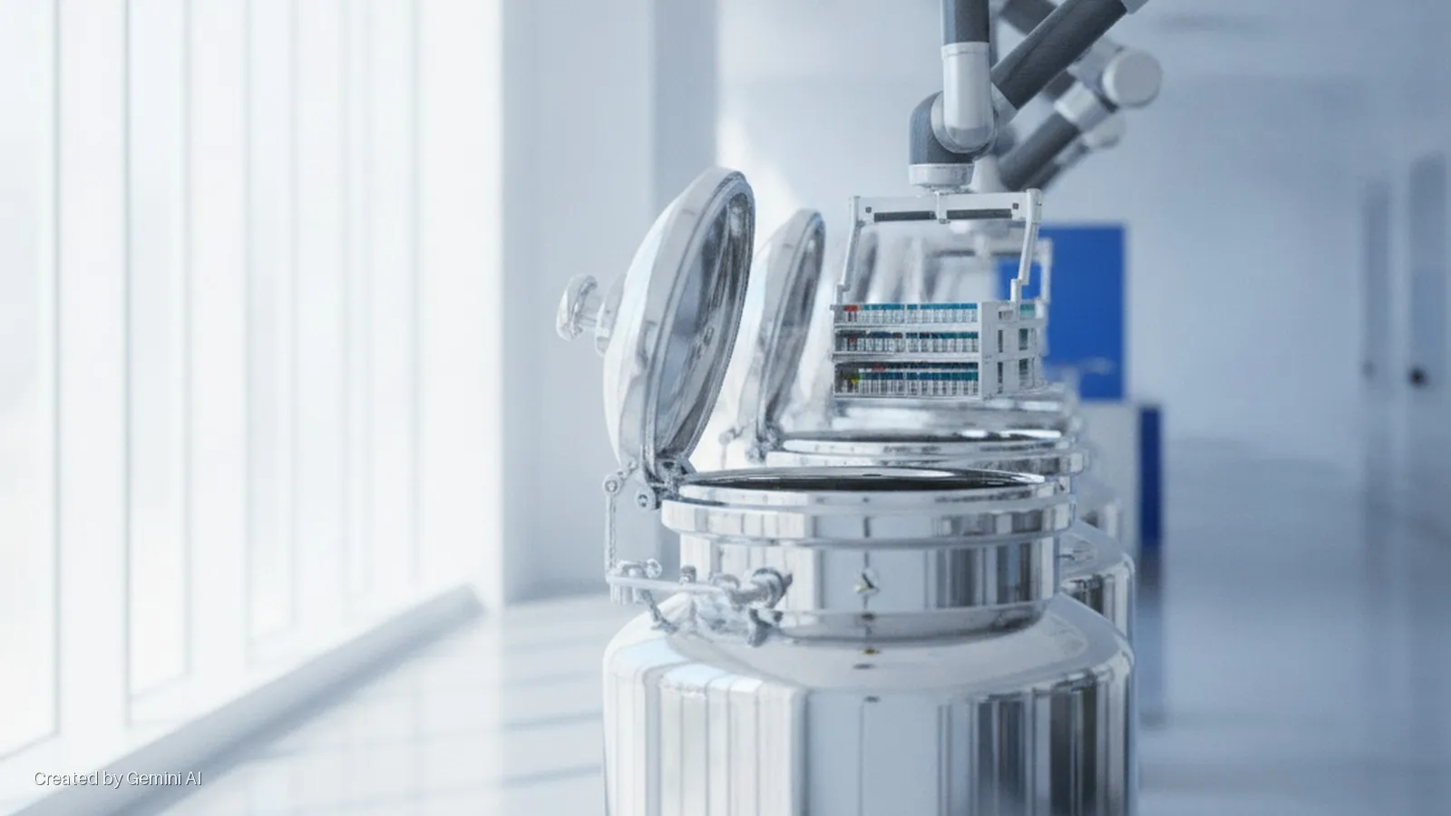 A row of gleaming silver cryopreservation tanks, one open with visible sample vials and a robotic arm positioned above, stands in a brightly lit, modern laboratory.