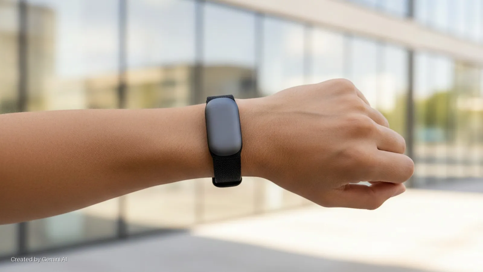 A person's arm wears a black fitness tracker on the wrist, set against an out-of-focus modern building facade in bright natural daylight.