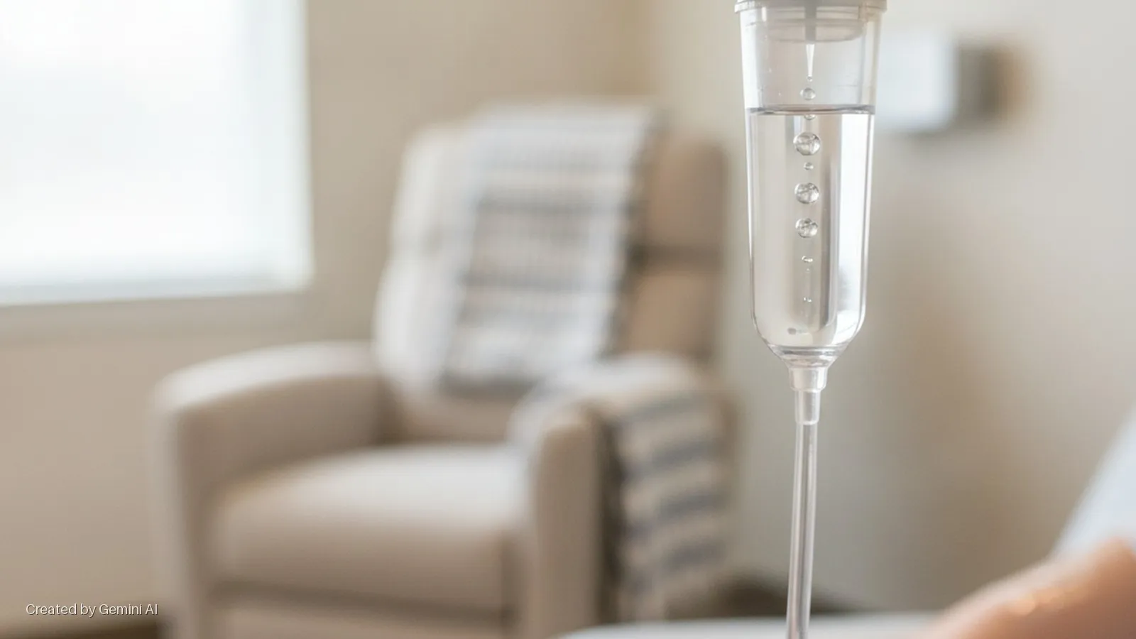 A clear IV drip with liquid and air bubbles is in the foreground, with a blurred beige armchair, striped blanket, and bright window visible in the background of a softly lit room.