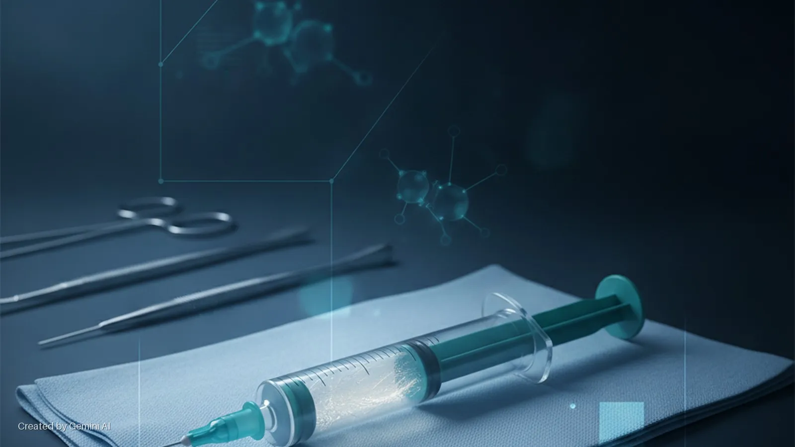 A clear syringe containing glowing liquid and various surgical instruments, including scissors and forceps, rest on a folded blue cloth, set in a dark, cool-toned environment with illuminated digital molecular structures.