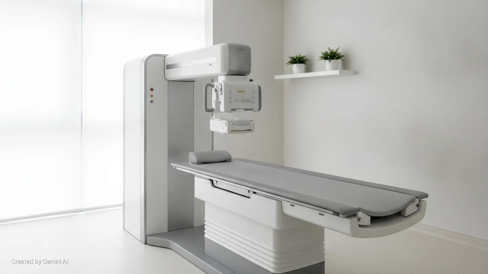 A bright, clean medical examination room features a large, modern white and grey medical imaging machine with an overhead arm and a long patient table, alongside a white floating shelf holding two small potted plants.