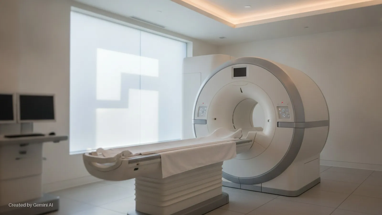 A modern medical imaging room features a white and grey MRI machine with an examination table, dual computer monitors, and a large window, illuminated by natural light and recessed ceiling lights.