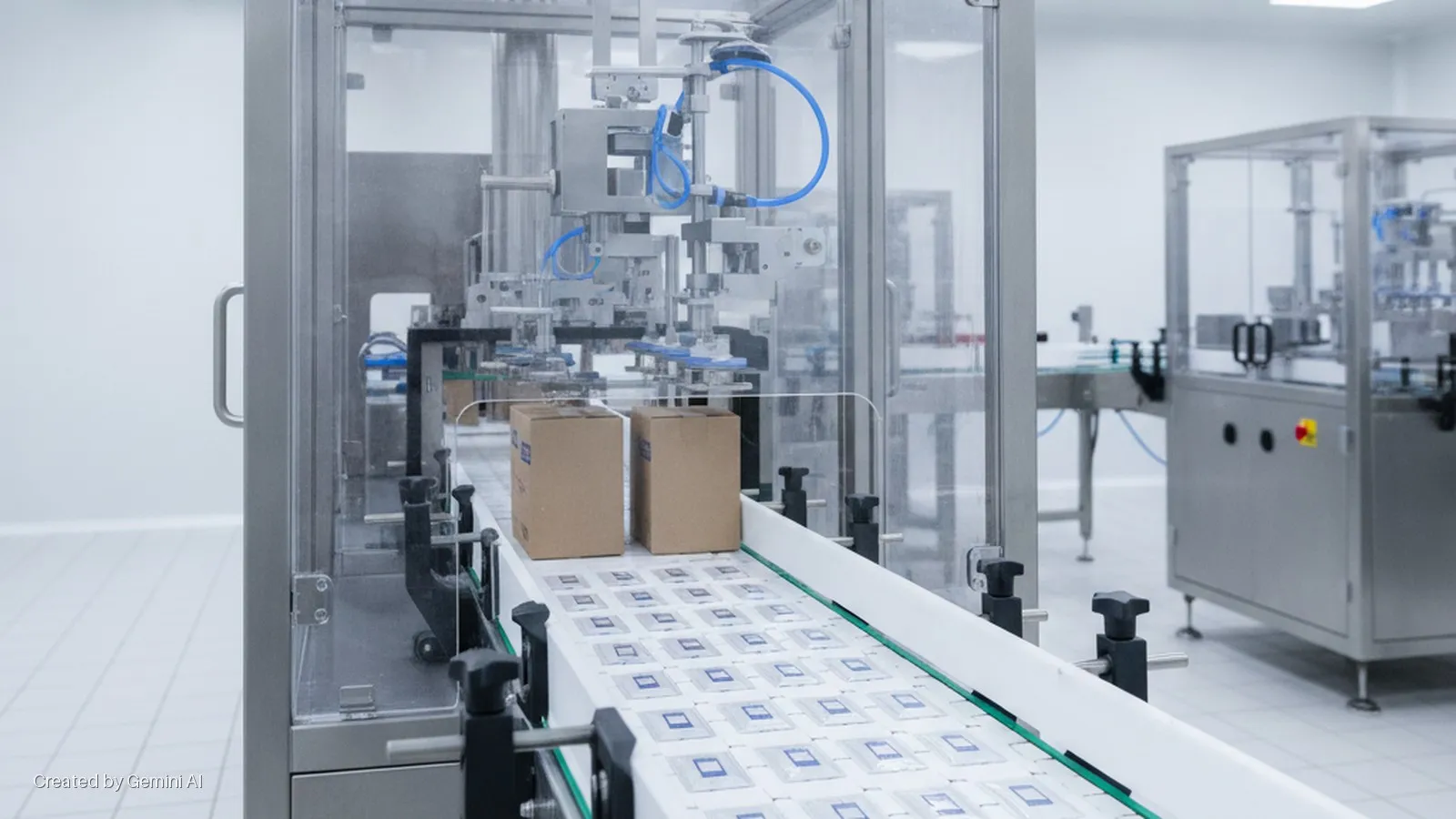 A cleanroom manufacturing facility features a conveyor belt moving individual product packages and two cardboard boxes, surrounded by modern stainless steel and glass packaging machinery under bright, even lighting.