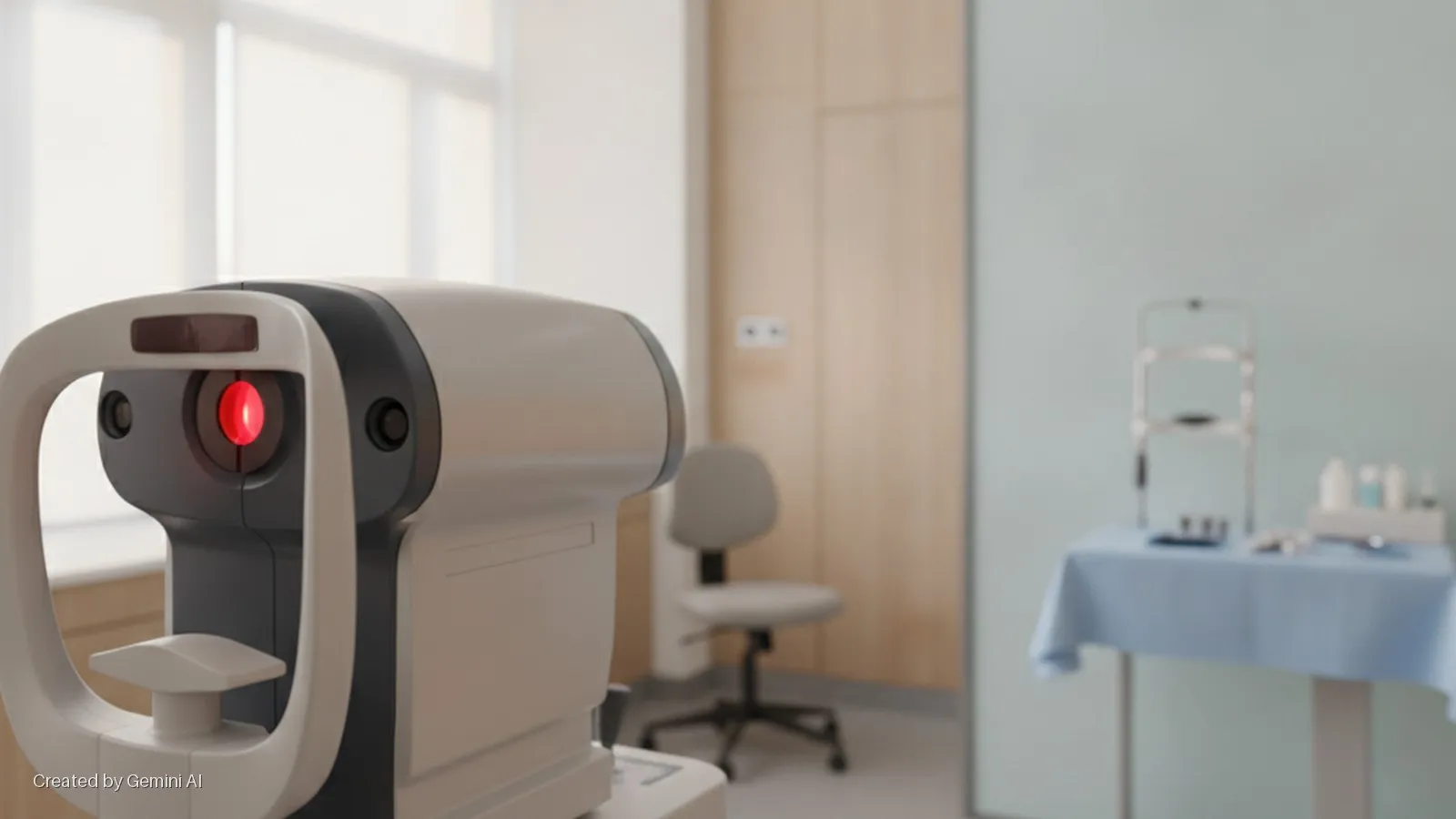 A brightly lit ophthalmology examination room features an ophthalmic instrument with a glowing red light in the foreground, and a blurred table with medical tools and an office chair in the background.