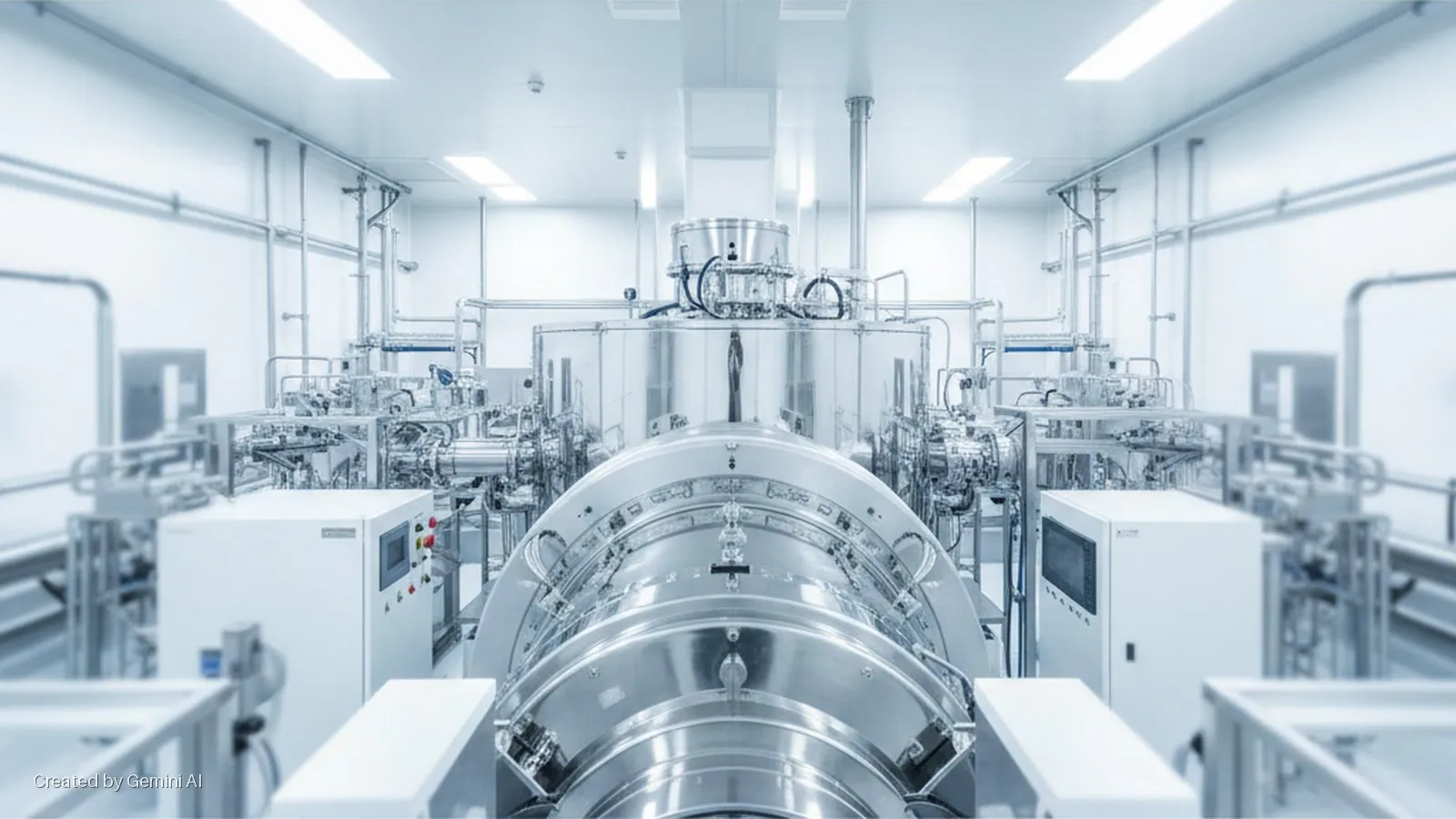 A brightly lit cleanroom features a large, symmetrical stainless steel processing machine with extensive piping, flanked by white control cabinets and illuminated by overhead fluorescent lights.
