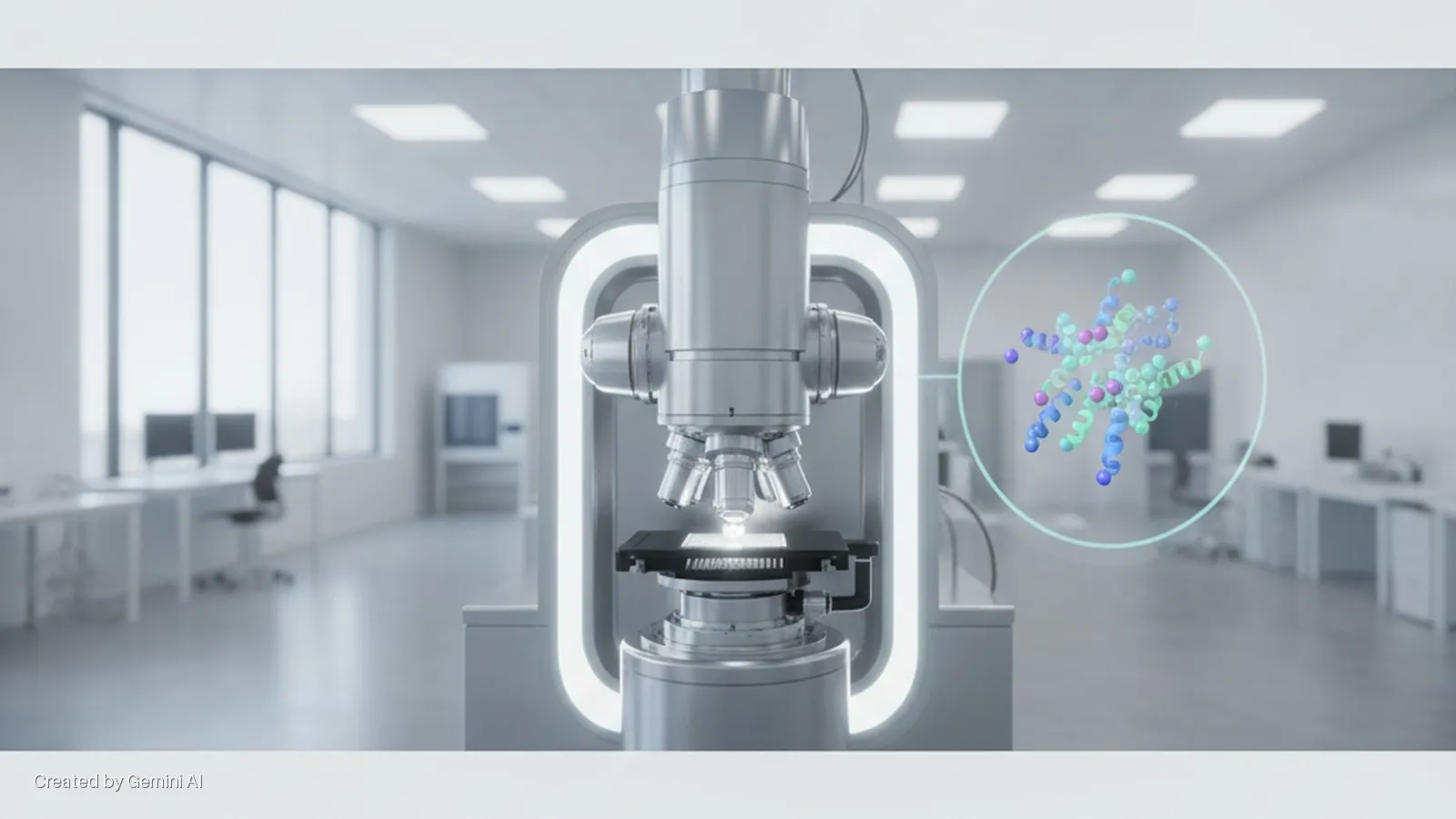 A sleek, modern microscope with an illuminated sample stage stands in a brightly lit, sterile laboratory, displaying a colorful 3D protein structure in a holographic projection.