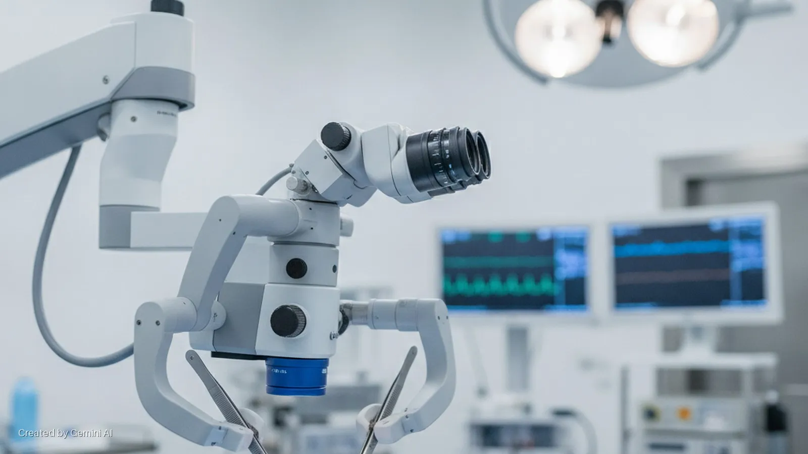 A bright operating room features a surgical microscope holding fine forceps in the foreground, with overhead surgical lights and medical monitors displaying vital signs in the blurred background.