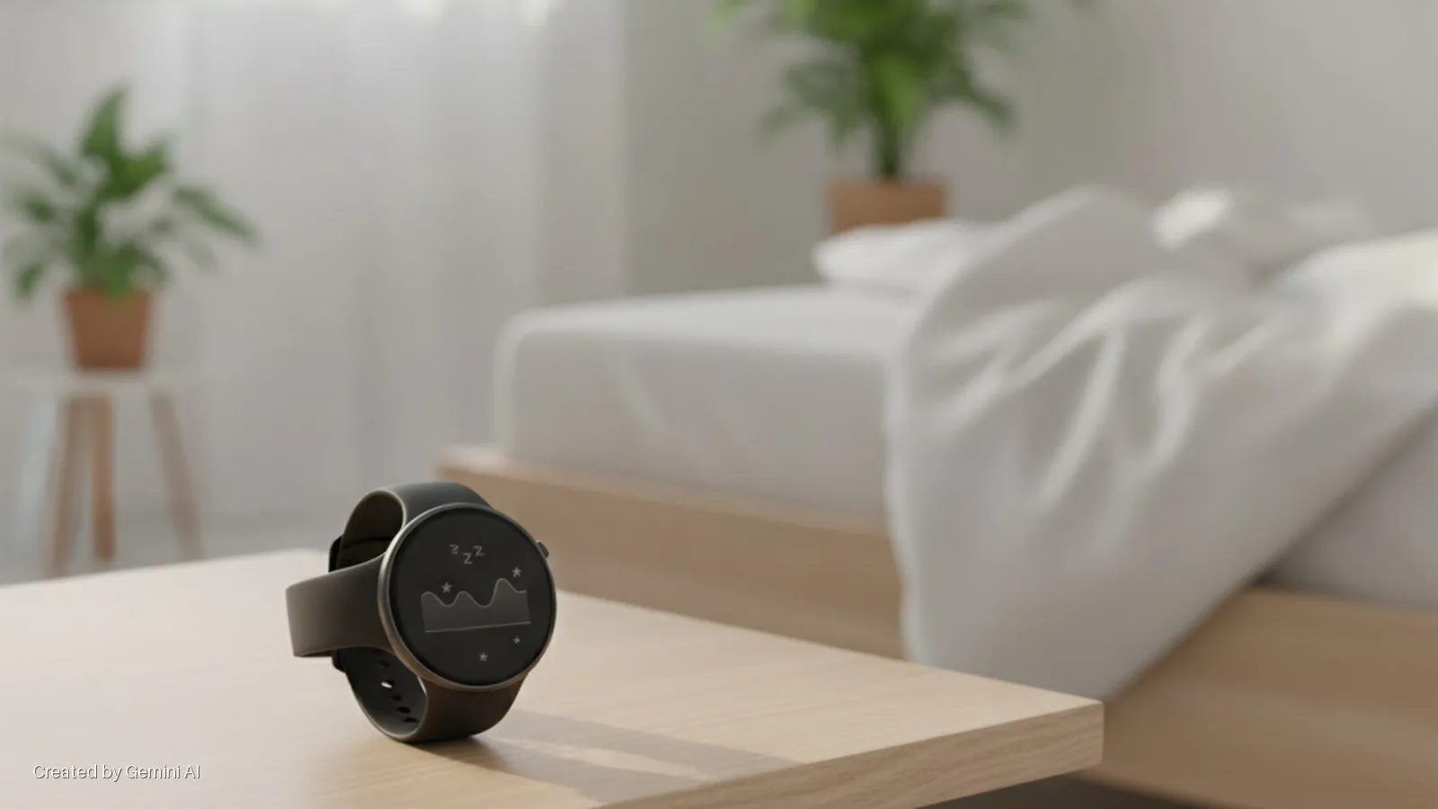 A black smartwatch displaying sleep metrics rests on a light wooden bedside table in a brightly lit bedroom with a made bed and potted plants in the background.