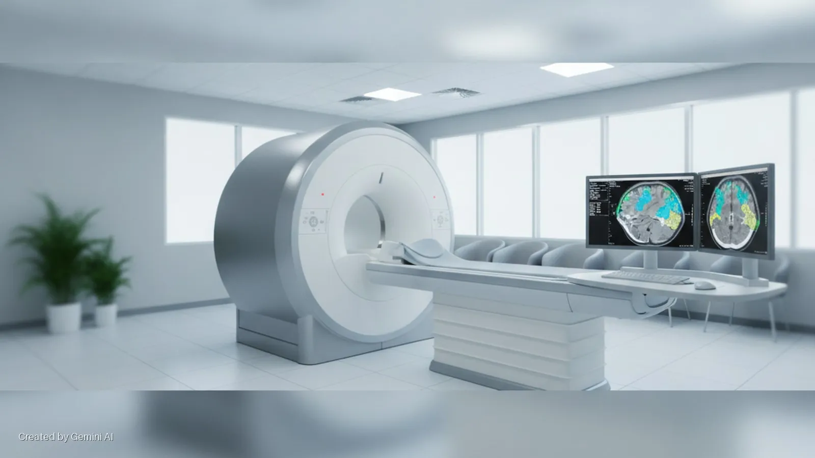 A bright medical imaging room features an MRI machine with a patient bed, a desk with a keyboard, mouse, and two monitors displaying colorful brain scans, and two potted plants.