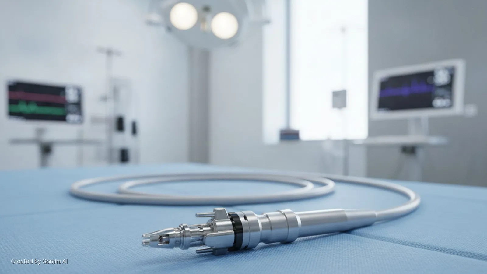 A metallic medical instrument with a coiled cable rests on a blue surgical drape, with blurred medical monitors and bright overhead lights visible in an operating room background.