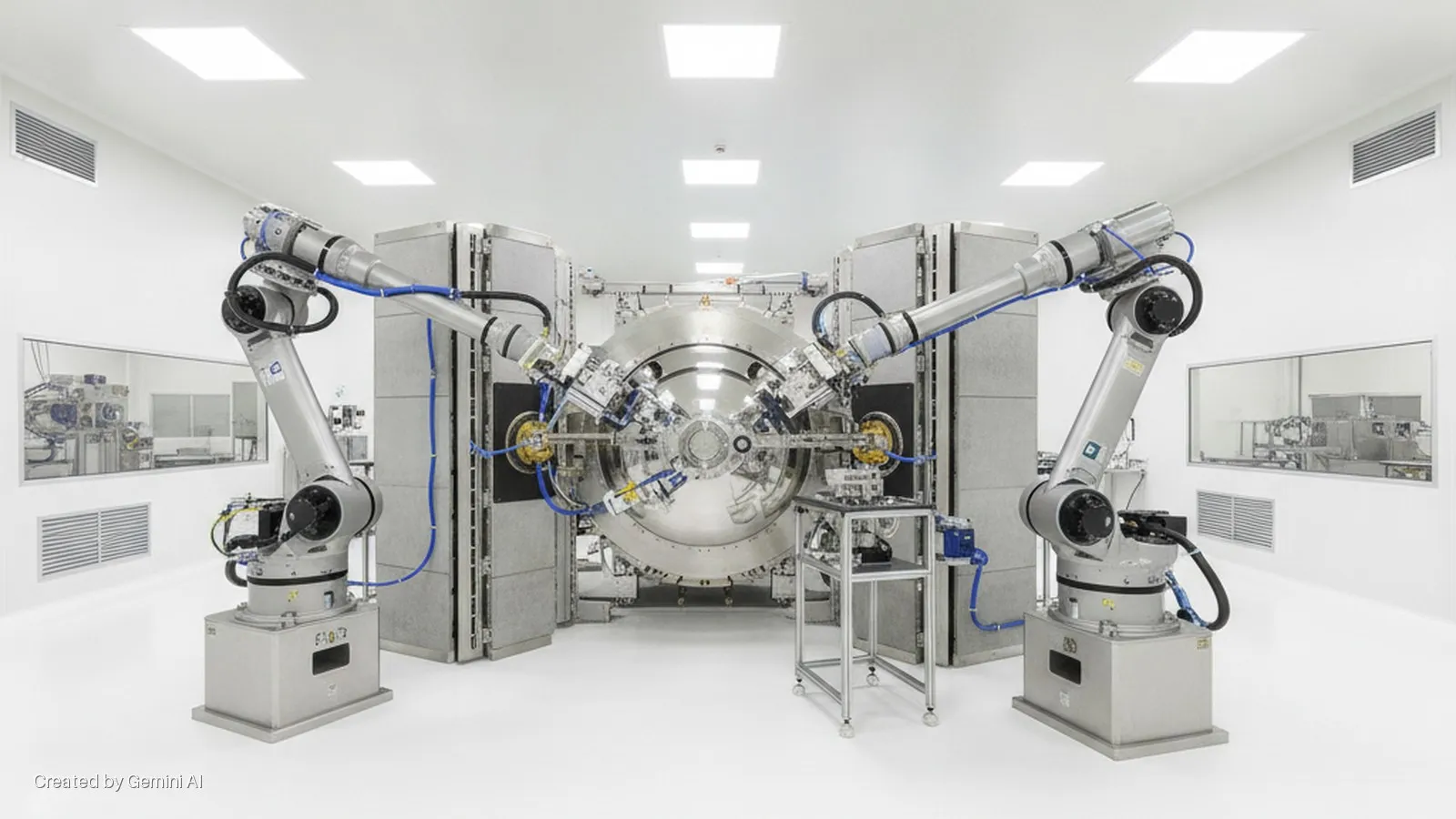 Two large silver robotic arms flank a central spherical metal vacuum chamber in a brightly lit white cleanroom, featuring overhead panel lights and observation windows.
