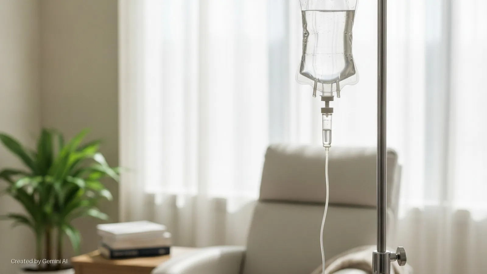 An IV bag hangs from a metal stand in a bright room with a light-colored recliner chair, a green houseplant, and books on a wooden table near a window with sheer white curtains.