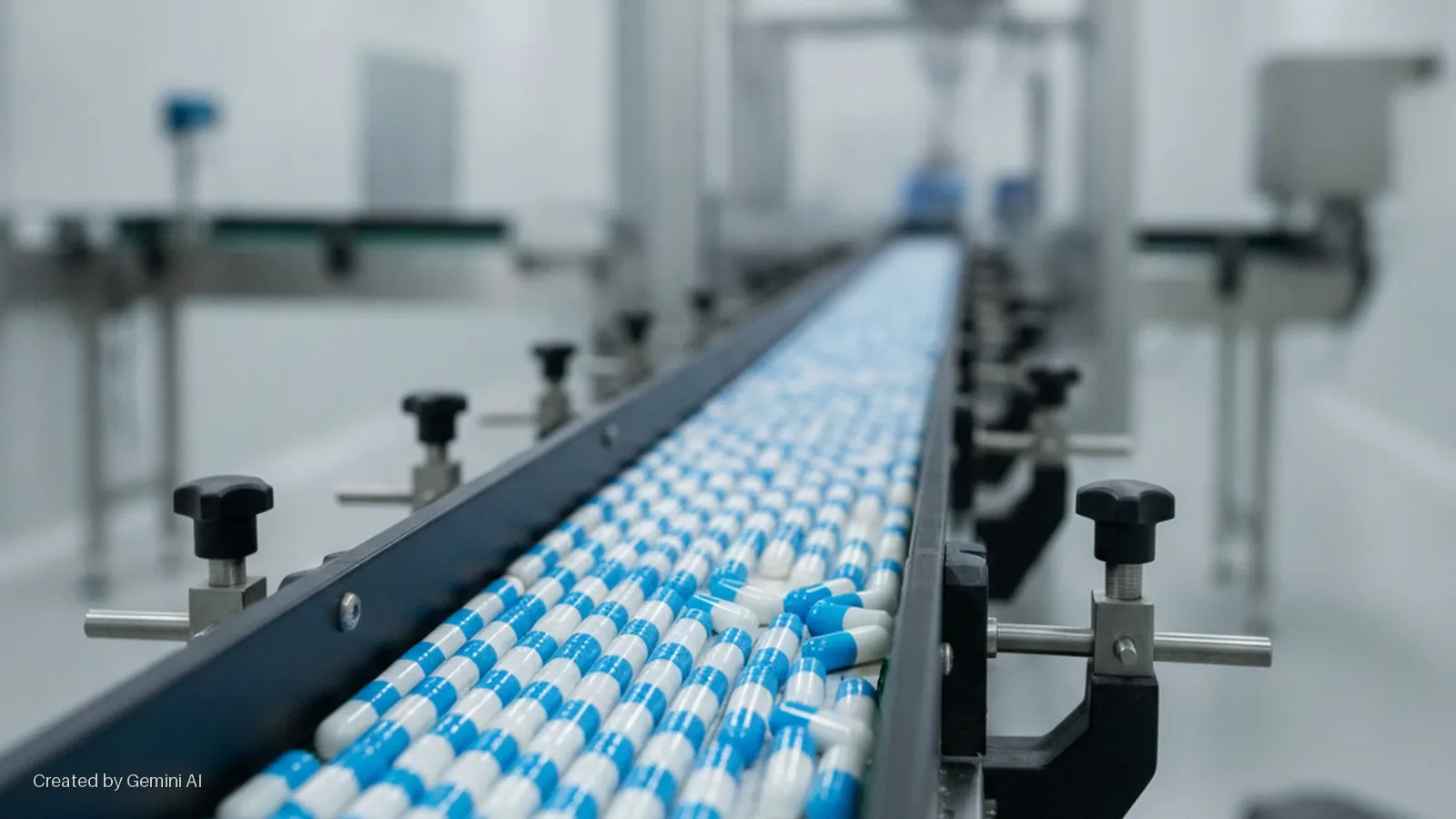 Blue and white striped capsules move along a conveyor belt within a brightly lit pharmaceutical manufacturing facility.