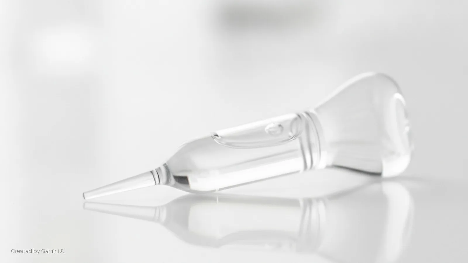 A clear glass ampoule filled with transparent liquid and an air bubble lies horizontally on a reflective white surface, illuminated by soft, bright light.