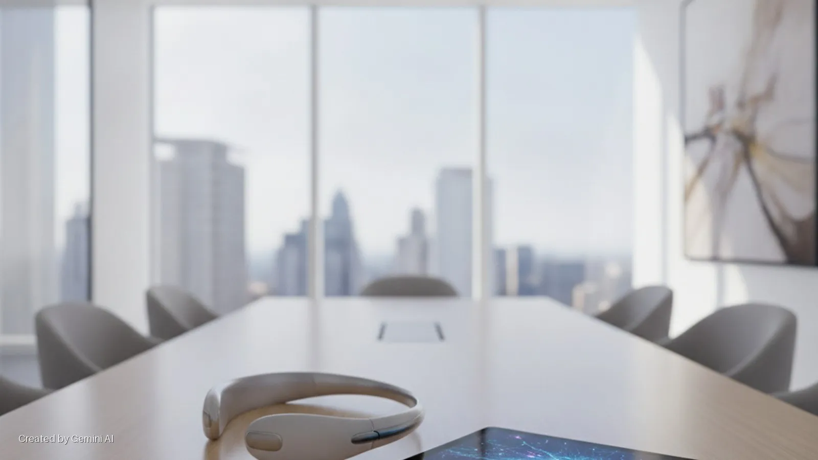A curved, light-colored tech device and a glowing tablet lie on a long wooden conference table in a modern office, bathed in bright natural light from large windows overlooking a city skyline.