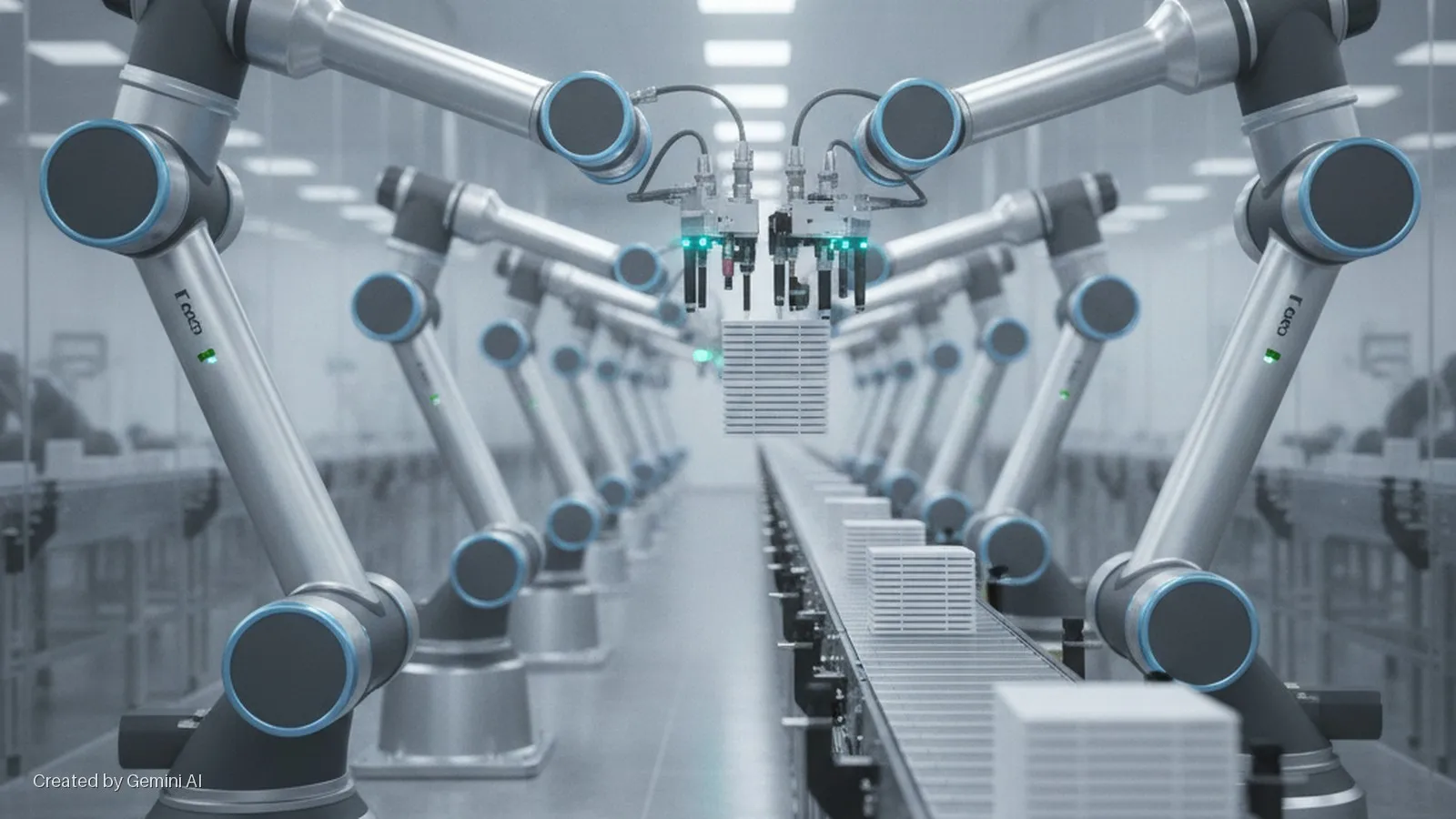 Brightly lit automated factory assembly line with multiple silver robotic arms featuring blue-ringed joints and green indicator lights, moving stacks of white rectangular products on a central conveyor belt.
